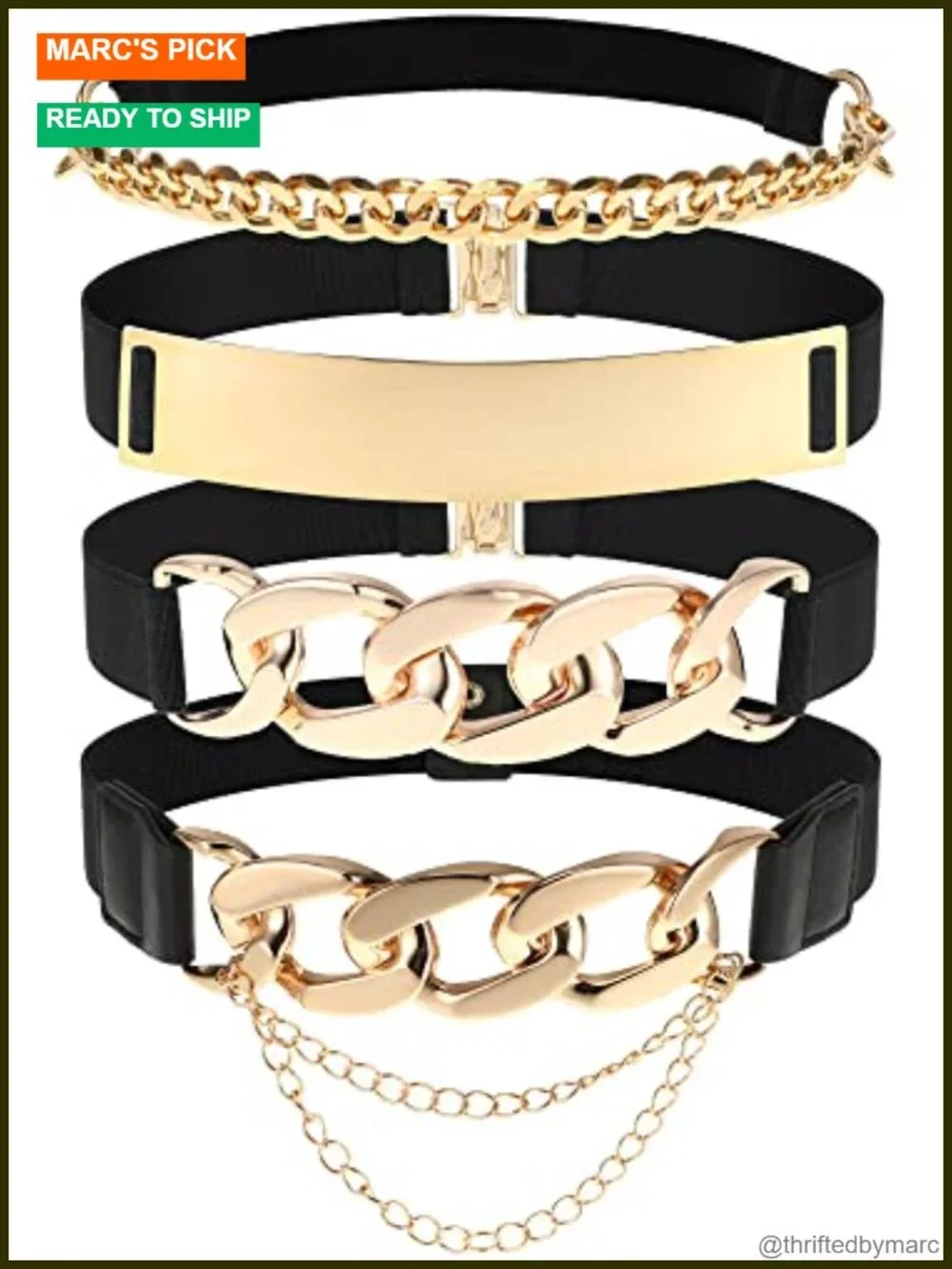 4 Stretch Waist Belts with Gold Metal Buckle Fashion Wide Chain Elastic